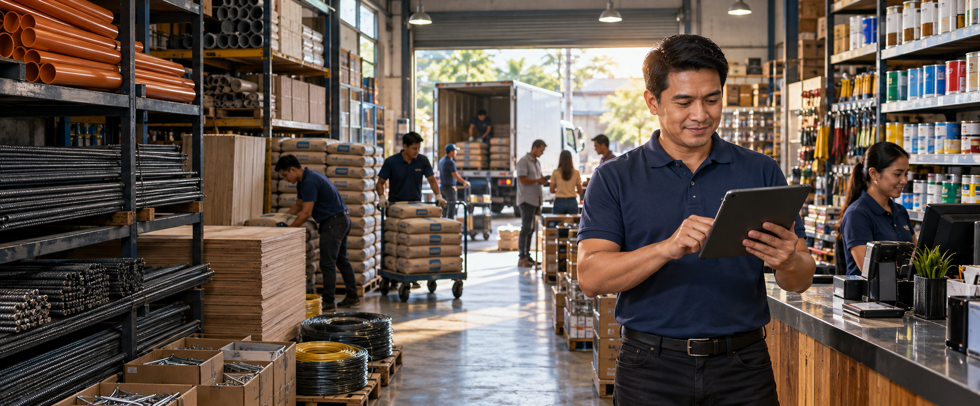 Filipino hardware store owner monitoring an organized store